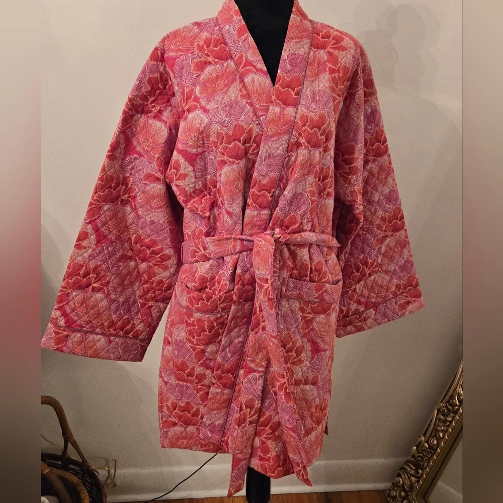 Mahogany Gina Quilted Cotton Floral Kimono Short Robe And PJ Bottoms